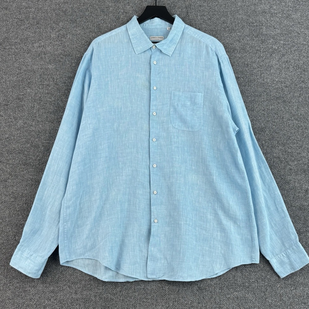 Umberto Chiappe Linen Button Up Shirt Mens XXL Blue Italy Old Money Long Sleeve